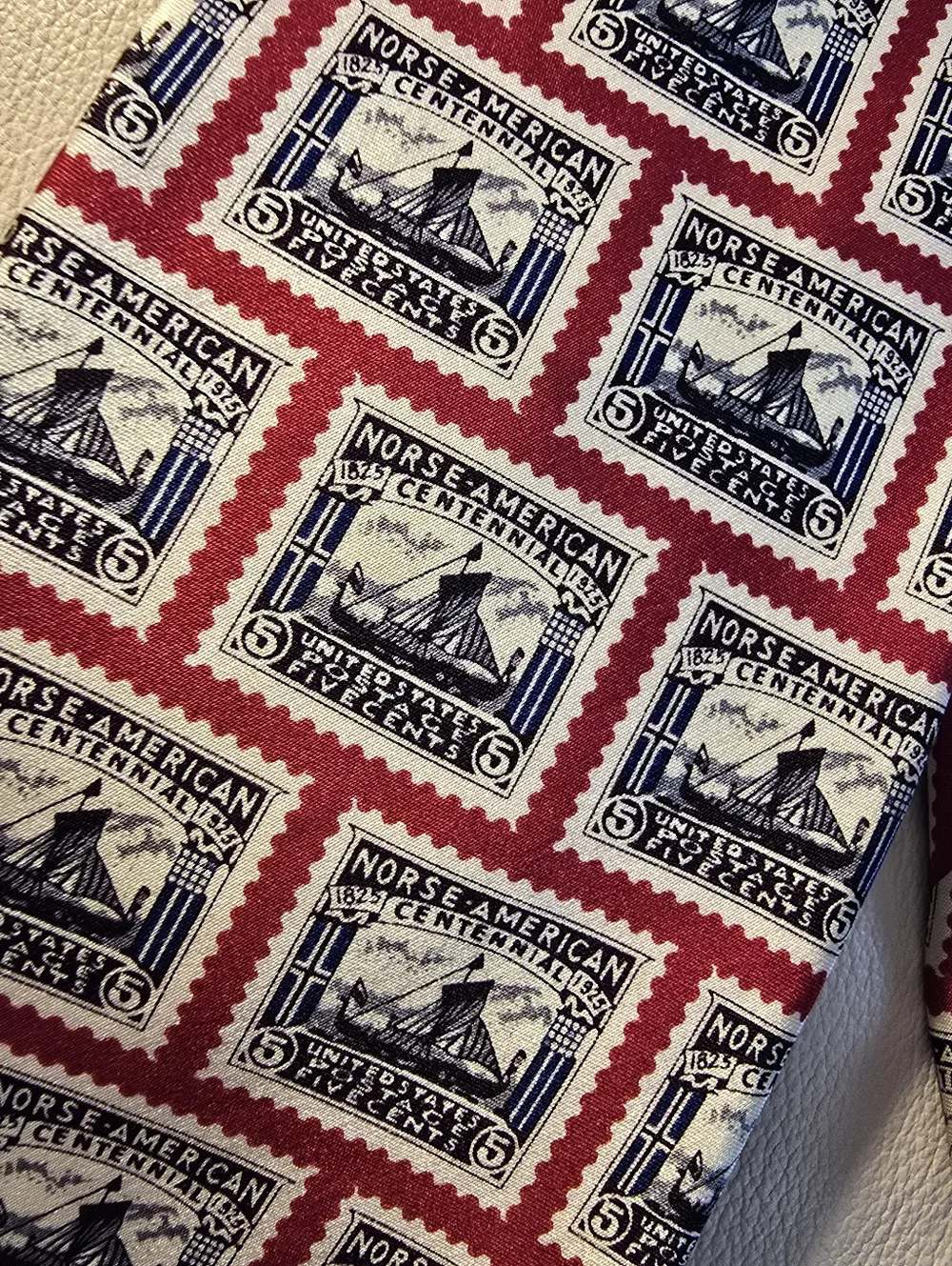 Museum Artifacts Men's 1825 Norse American Centennial Postage Stamp Silk Necktie